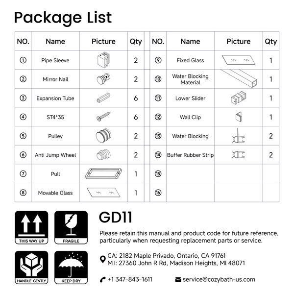 60*66“固定和滑动淋浴门，方管五金件，透明玻璃淋浴门，3/8”（10mm）SGCC钢化玻璃，不锈钢[周末无法发货+LTL]-10