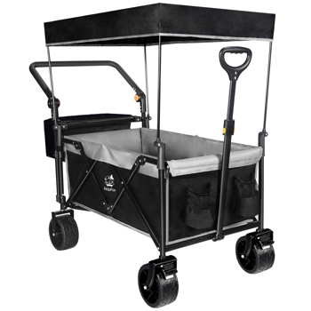 Heavy Duty Collapsible Wagon, Foldable Wagon with Removable Canopy, Foldind Wagon Cart with Wheels for All-Terrain with Brake, for Beach Camping Shopping
