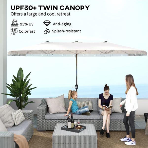 15ft Cream White  Patio Umbrella UPF30+ Outdoor Umbrella with Fringe and Crank Handle