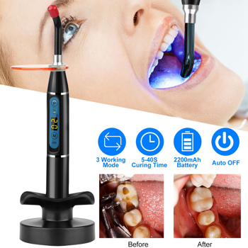 Cordless dental LED curing light features constant high light output for fast and smooth resin material curing including composites and sealants.