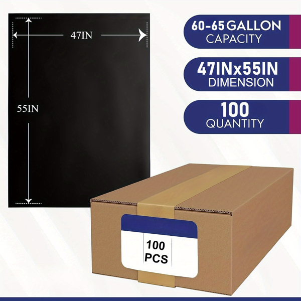 65 Gallon Extra Large Trash Bags - 100 Count Thickened Heavy Duty Black Garbage Bags for Outdoor Use, Moving Boxes, Bulk Waste - High Load Capacity