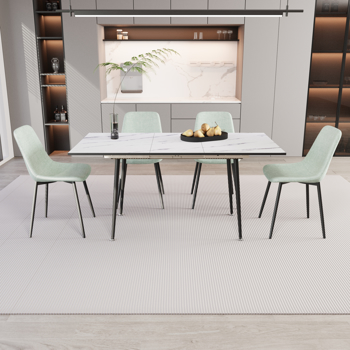 47\\"-63\\" extendable MDF modern dining table and chair set, suitable for 2-6 people, white dining table and modern light green dining chair 4-piece set, metal base and linen chair 