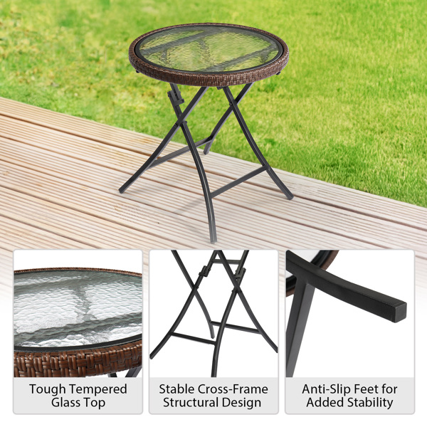 Outdoor Side Table, Round Rattan Patio Side Table, Small Foldable Wicker Table with Tempered Glass Table Top for Lawn Garden Balcony Porch Deck Pool, Brown