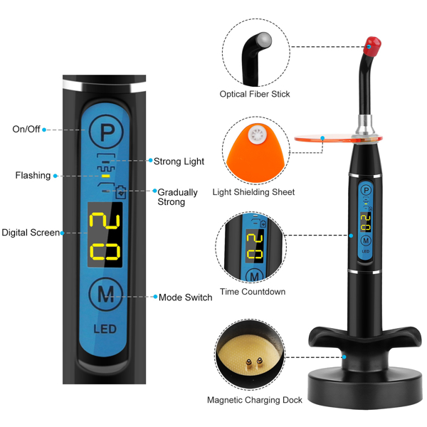 Cordless dental LED curing light features constant high light output for fast and smooth resin material curing including composites and sealants.