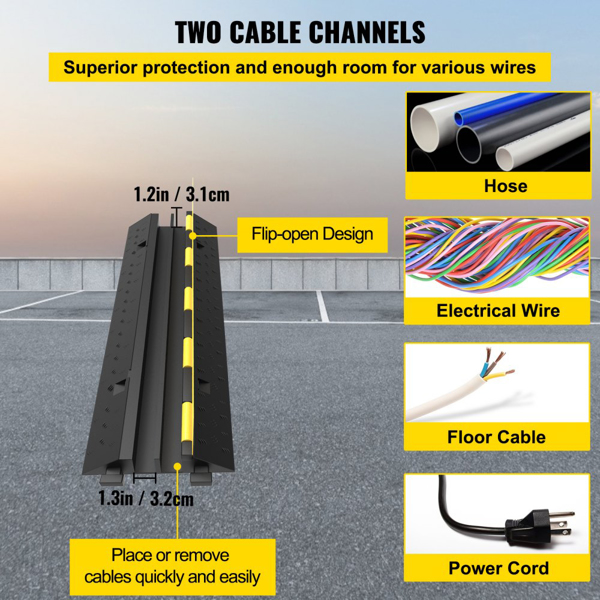 3 Pack Heavy Duty Cable Protectors, 2 Channel Design, 11000lbs Capacity, for Wire, Hose, and Cord Protection on Floor, Driveway, and Speed Bump Areas