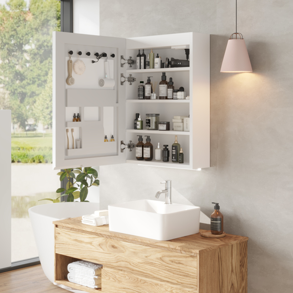 FCH White  LED Mirror Cabinet (20*28 inches), 1 Door, 4 Shelves, with Time & Temperature Display, Three-color Lighting, Adjustable Brightness, Power-off Memory Bottom Atmosphere Light