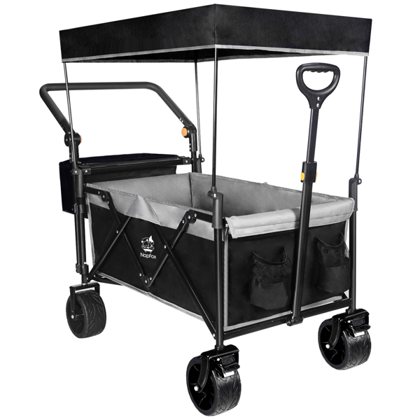 Heavy Duty Collapsible Wagon, Foldable Wagon with Removable Canopy, Foldind Wagon Cart with Wheels for All-Terrain with Brake, for Beach Camping Shopping