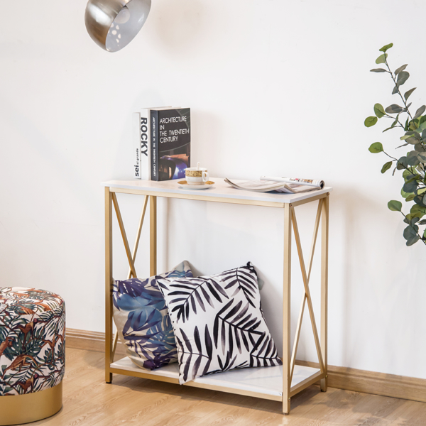 2-Tier Console Table, Gold Sofa Entry Table with White Top and Gold Metal Frame for Home
