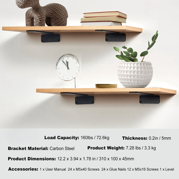 6件套重型L形货架支架，12英寸X 4英寸X 1.6英寸，5mm厚哑光黑钢，容量160磅，适用于浮式货架和家庭存储（周末不发货，禁售亚马逊）-7