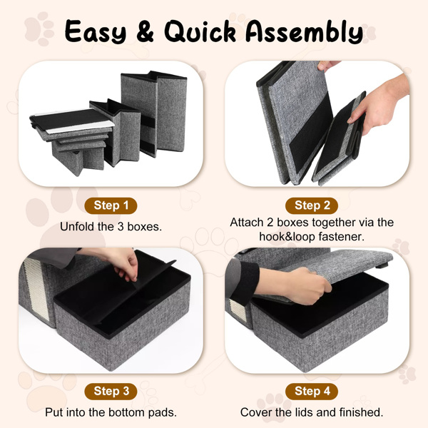 Dog Stairs for Bed and Couch 42cm H, Foldable Dog Stairs for Small Older Dogs Cats, 4 in 1 Adjustable Pet Cat Stairs Steps with Storage, Dog Ramps with Condo, Cat Scratcher, Hold Up to 180LBS