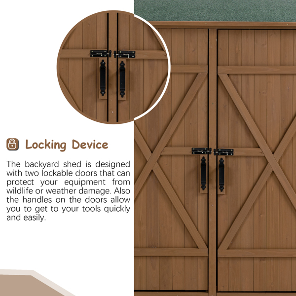 Outdoor Storage Shed with Lockable Door, Wooden Tool Storage Shed with Detachable Shelves and Pitch Roof, Brown
