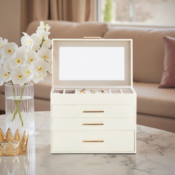 Deluxe 2-Drawer Jewelry Box with Clear Top View – White & Pink Velvet Storage Case