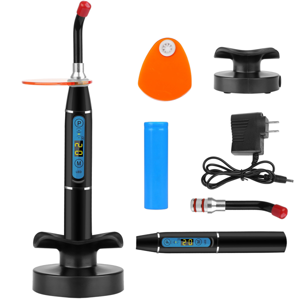 Cordless dental LED curing light features constant high light output for fast and smooth resin material curing including composites and sealants.