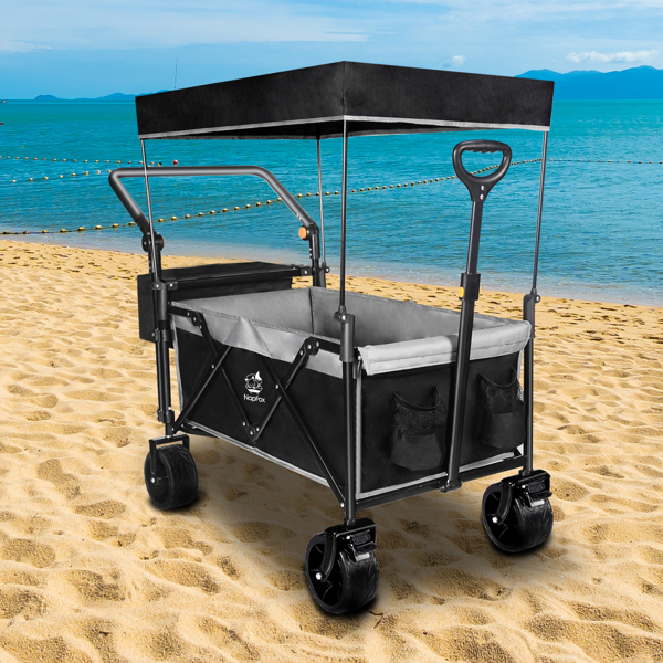 Heavy Duty Collapsible Wagon, Foldable Wagon with Removable Canopy, Foldind Wagon Cart with Wheels for All-Terrain with Brake, for Beach Camping Shopping