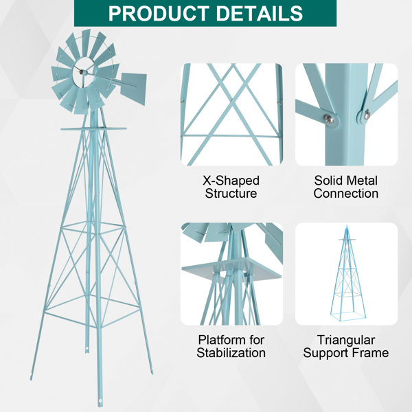 8FT Weather Resistant Yard Garden Windmill Blue