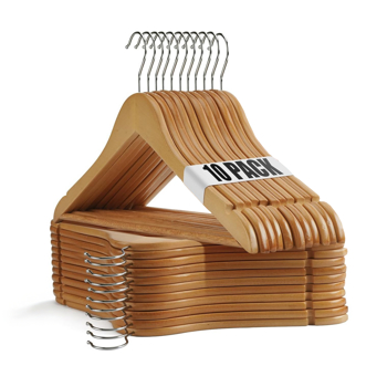 Commercial-Grade Thick Wooden Hangers 10-Pack with Non-Slip Grooves - Luxury Closet Essentials for Silk, Cashmere & Designer Garments
