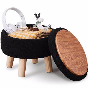 Storage Ottoman, Modern Round Footrest with Soft Padded Seat, Teddy Velvet Footstool with Wood Legs, Accent Small Table or Plant Stand for Hallway, Living Room (Black)（Temu仅自提）