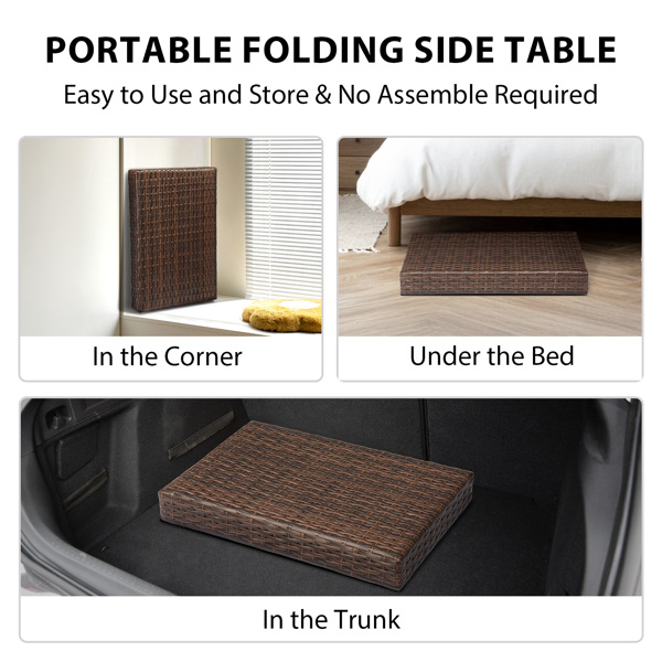 Outdoor Folding Side Table, Patio Rattan Coffee Table with PE Wicker & High-Duty Steel Frame for Garden Courtyard Poolside, Brown