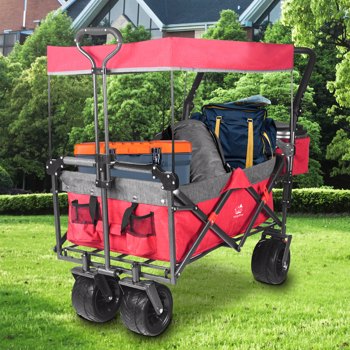 Foldable Wagon with Removable Canopy & Cooler Bag - Heavy Duty Collapsible Wagon Utility Cart with 4\\" All-Terrain Wheels for Camping Beach Garden, Red