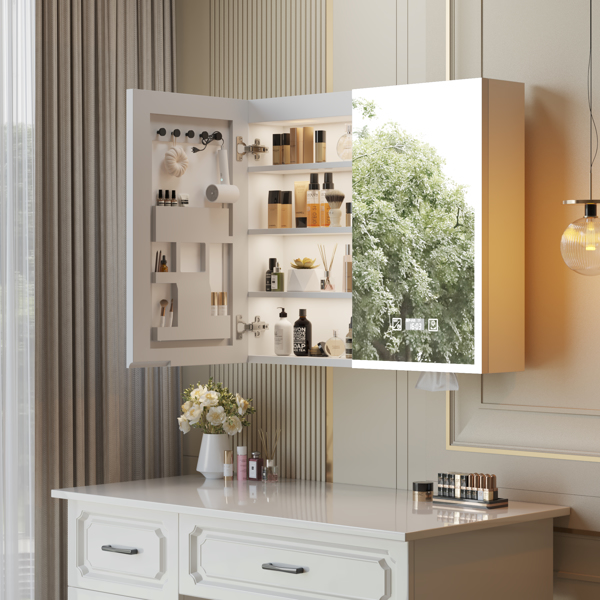FCH White  LED Mirror Cabinet (32*28 inches), Double Doors, 7 Shelves, with Time & Temperature, Three-tone Lighting, Power-off Memory, Defogging, 