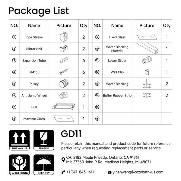 60*66“固定和滑动淋浴门，方管五金件，透明玻璃淋浴门，3/8”（10mm）SGCC钢化玻璃，不锈钢[周末无法发货+LTL]-10