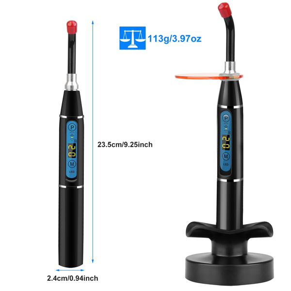 Cordless dental LED curing light features constant high light output for fast and smooth resin material curing including composites and sealants.