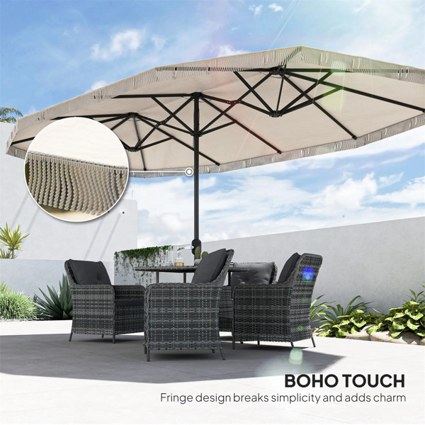 15ft Cream White  Patio Umbrella UPF30+ Outdoor Umbrella with Fringe and Crank Handle