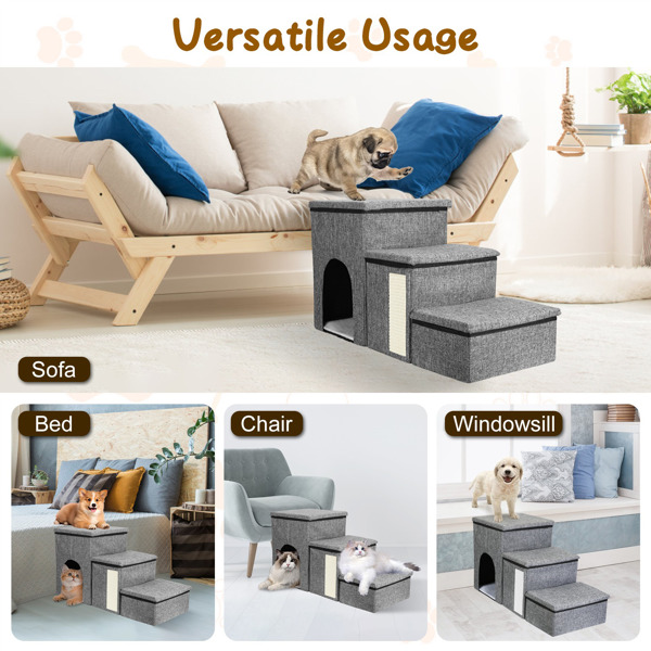 Dog Stairs for Bed and Couch 42cm H, Foldable Dog Stairs for Small Older Dogs Cats, 4 in 1 Adjustable Pet Cat Stairs Steps with Storage, Dog Ramps with Condo, Cat Scratcher, Hold Up to 180LBS