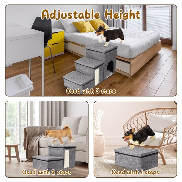 Dog Stairs for Bed and Couch 42cm H, Foldable Dog Stairs for Small Older Dogs Cats, 4 in 1 Adjustable Pet Cat Stairs Steps with Storage, Dog Ramps with Condo, Cat Scratcher, Hold Up to 180LBS