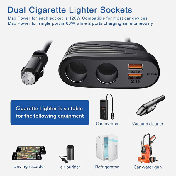 Car Charger 120W 2-Way Cigarette Lighter Splitter 12V Power Adapter Socket Extension With Dual USB