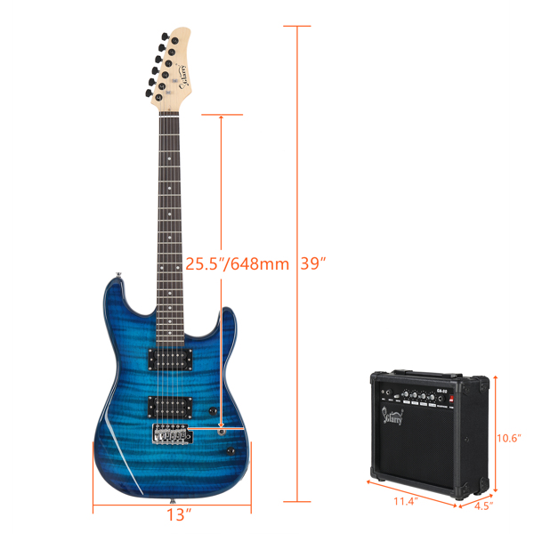 GST Stylish H-H Pickup Tiger Stripe Electric Guitar Kit with 20W AMP Bag Guitar Strap Blue