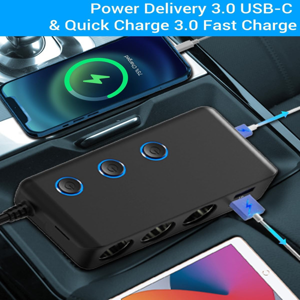 Car Charger Splitter 200W 3 Socket Cigarette Lighter Adapter with PD30W USB-C Multi USB Car Charger DC Outlet