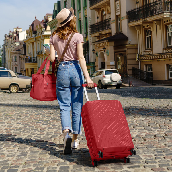 4-Piece Luggage Set with 2 Handbags & 8-Piece Toiletry Kit – Durable PP Suitcase (18in/20in/24in/28in) + 30L Travel Tote + 3L Crossbody Wash Bag – Iron Telescopic Handle – Red