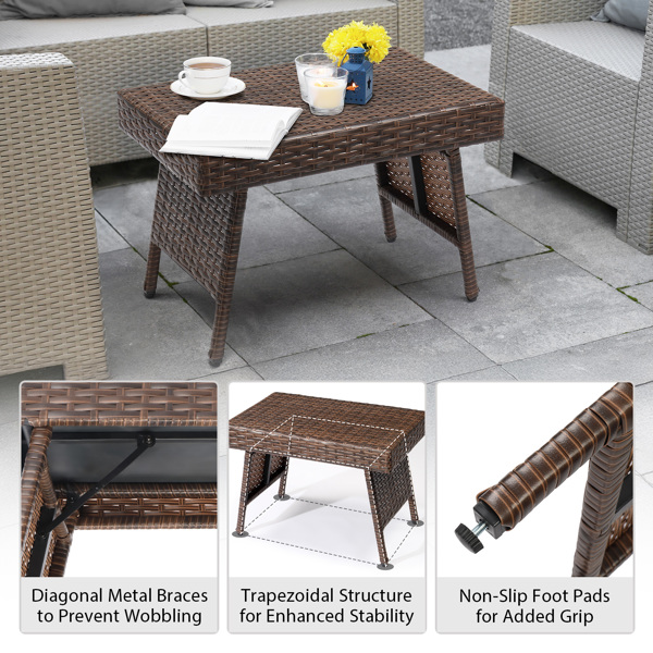 Outdoor Folding Side Table, Patio Rattan Coffee Table with PE Wicker & High-Duty Steel Frame for Garden Courtyard Poolside, Brown