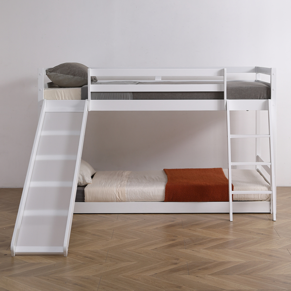 Elevated Cross Guard Rail with Slide Twin Pine Wooden Bed White