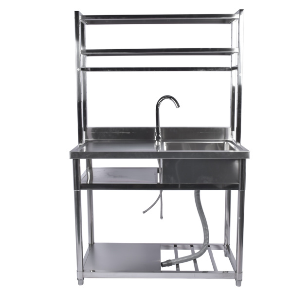 39.4in Stainless Steel Utility Right Sink, Single Bowl Sink for Kitchen, Garage, Right Sink Left Platform Commercial Sink w/ Shelves with Hot and Cold Water Faucet