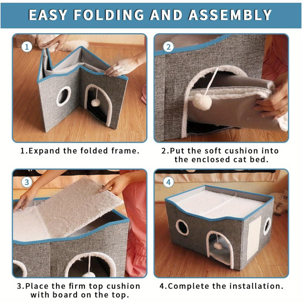 Extra-Wide Cat House for Indoor Cats - Large Cat Cave for Pet Cat House with Fluffy Ball Hanging and Scratch Pad, Foldable Cat Hideaway for Multi Cats(Amazon Logistics bans Wal Mart platform)