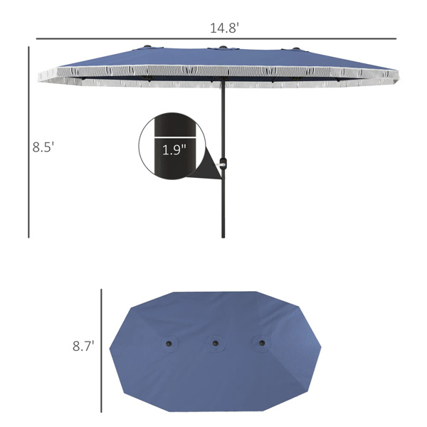 15ft  Blue Patio Umbrella UPF30+ Outdoor Umbrella with Fringe and Crank Handle