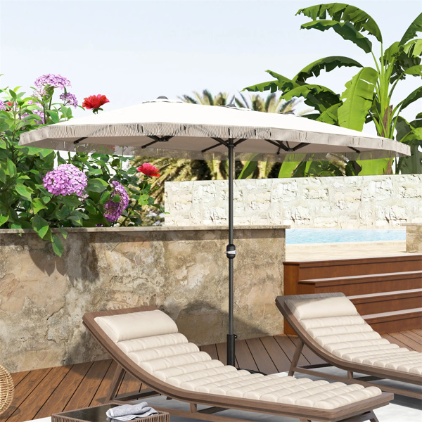 15ft Cream White  Patio Umbrella UPF30+ Outdoor Umbrella with Fringe and Crank Handle