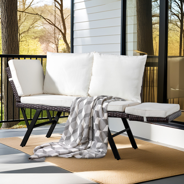 Outdoor Sofa, Woven Rattan Patio Furniture, Convertible Daybed or Double Chair with Adjustable Armrests, Cushions and Pillows for Yard Porch Pool, Gray Lounger & Beige Cushion