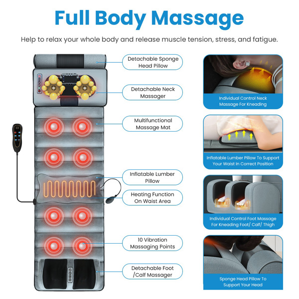 Full Body Electric Massage Mat with Heat – Vibration Massage Pad for Back, Neck, Foot & Lumbar Support – Foldable Cushion Mattress with Timer & Adjustable Intensity for Home or Office Use