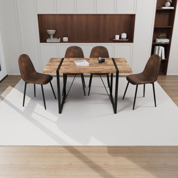 55\\" MDF dark wood dining table and modern dining chair set of 4 pieces, medieval wooden kitchen dining table set, black rectangular metal base, dining table and suede chair set 
