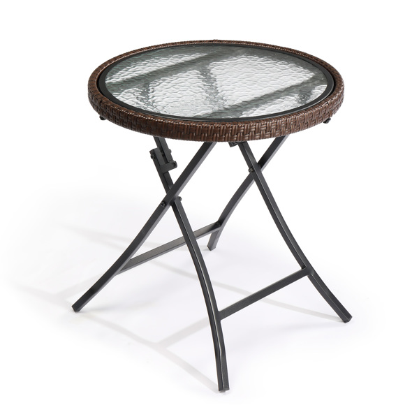 Outdoor Side Table, Round Rattan Patio Side Table, Small Foldable Wicker Table with Tempered Glass Table Top for Lawn Garden Balcony Porch Deck Pool, Brown