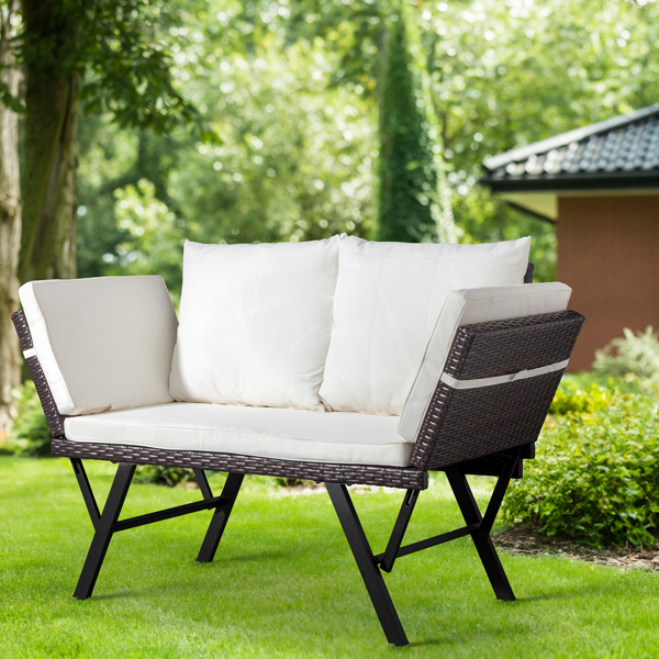 Outdoor Sofa, Woven Rattan Patio Furniture, Convertible Daybed or Double Chair with Adjustable Armrests, Cushions and Pillows for Yard Porch Pool, Gray Lounger & Beige Cushion