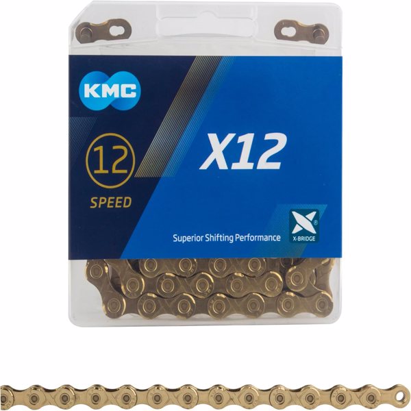 KMC X12 Chain 12-Speed, Glod, Mountain Bike/Road/Gravel 12 Speed Chain: Shimano, SRAM, Campagnolo Compatible. 126 Links, Missing Link Included