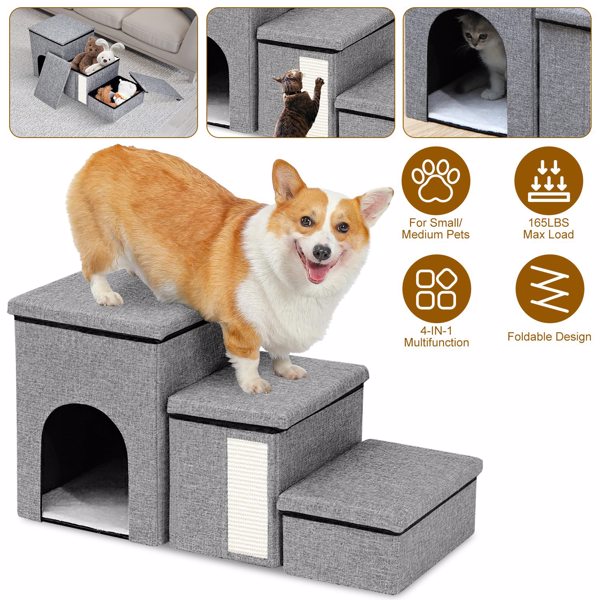 Dog Stairs for Bed and Couch 42cm H, Foldable Dog Stairs for Small Older Dogs Cats, 4 in 1 Adjustable Pet Cat Stairs Steps with Storage, Dog Ramps with Condo, Cat Scratcher, Hold Up to 180LBS