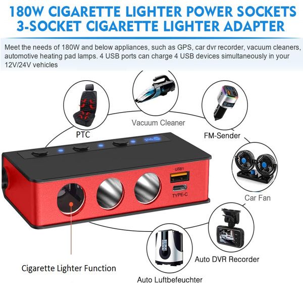 7 in 1 Cigarette Lighter Splitter 180W Car Charger Adapter with 3 sockets 12V/24V Max 6.6A 4-Port Fast Charge USB Outlet, Independent On/Off Switches & Voltage Display