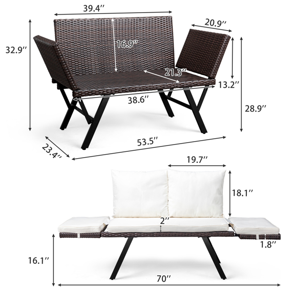 Outdoor Sofa, Woven Rattan Patio Furniture, Convertible Daybed or Double Chair with Adjustable Armrests, Cushions and Pillows for Yard Porch Pool, Gray Lounger & Beige Cushion