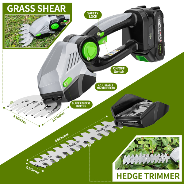 21V Cordless Hedge Trimmer, 2-in-1 Electric Handheld Grass Shear Cutter with 2.0 Battery*2, Women Gifts Mini Bush Shear Cutter Kit for Garden,Yard and Lawn（FBA delivery）
