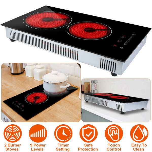 Dual Induction Burners Electric Cooktop 110V Total 1900W Electric Stove Built-in Electric Ceramic Stove with Timer Setting 9 Firepower Levels Over Heating Protection